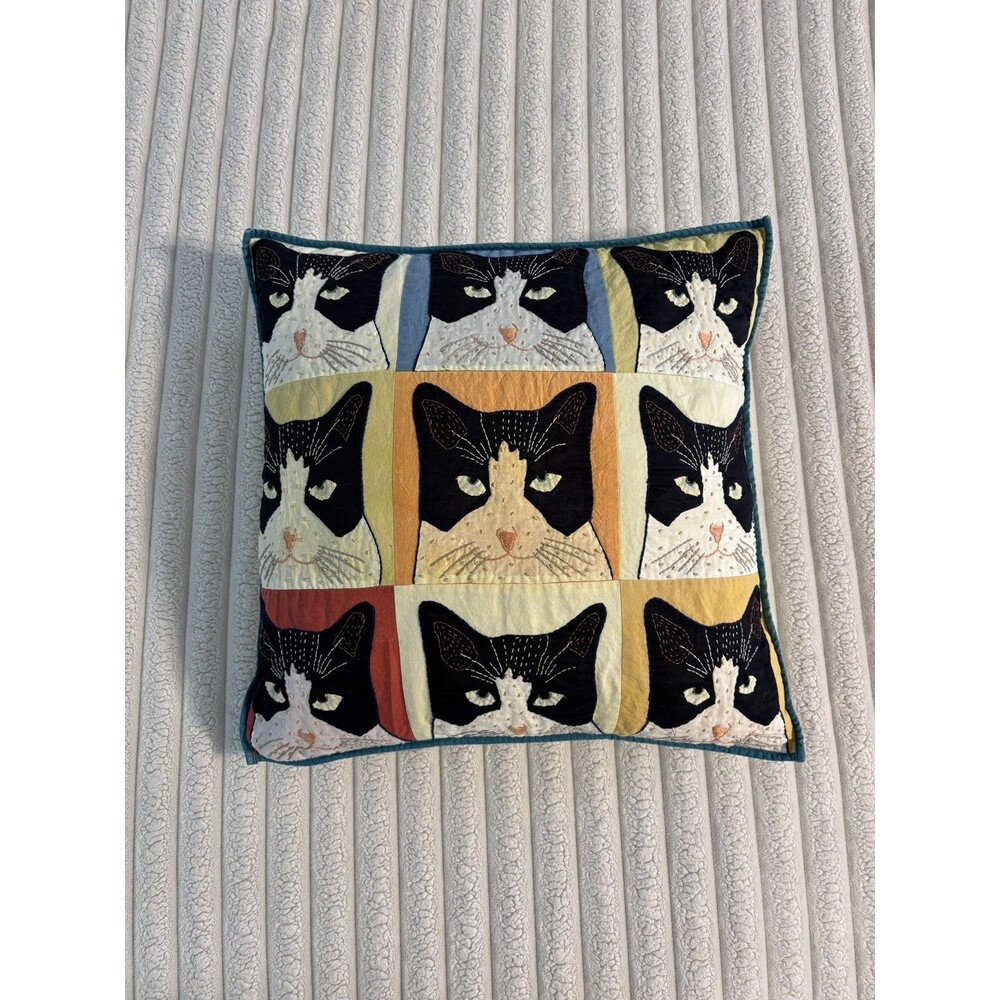 Natural Habitat Nine Lives Tuxedo Cat Embroidered Throw Pillow 18x18” cottage